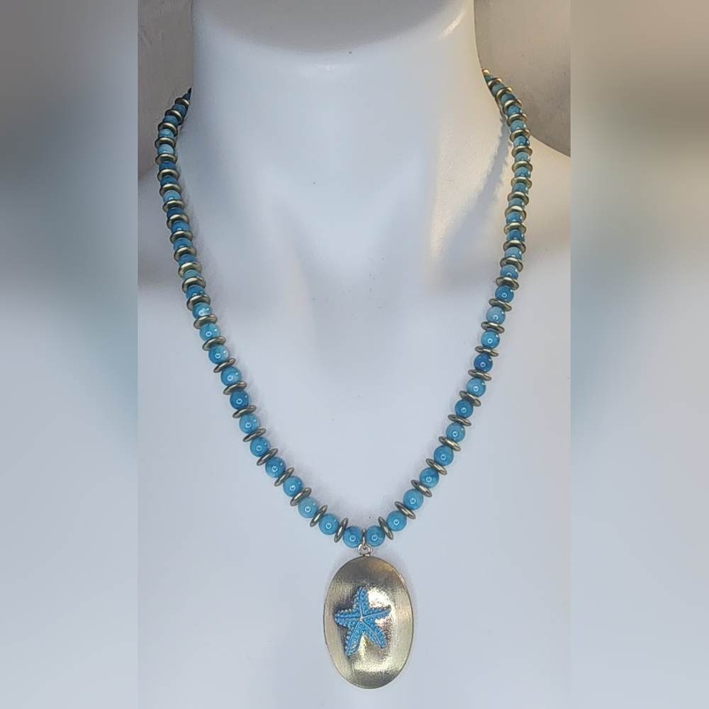 Necklace with Blue Beads and a Starfish Pendant Locket